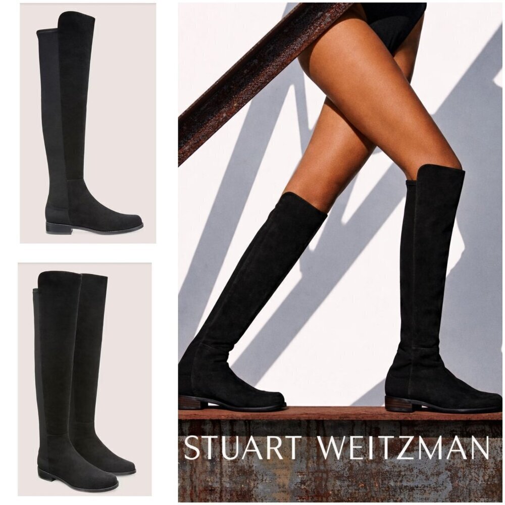 Stuart Weitzman 5050 Black Suede Over The Knee Flat Boots Stretch OTK Women 7.5